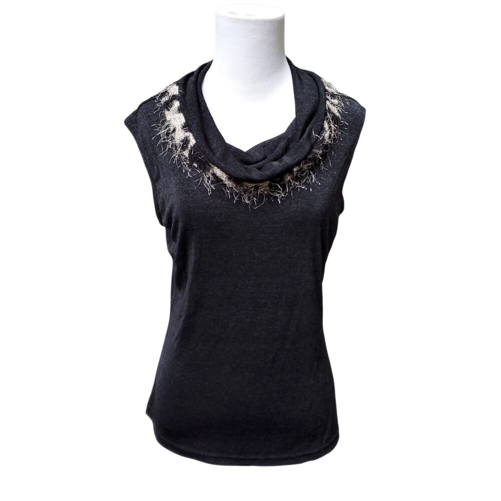 Joseph Ribkoff Gray Sleeveless Top Cowl Neck with Fuzzy Animal Print Trim Sz 12